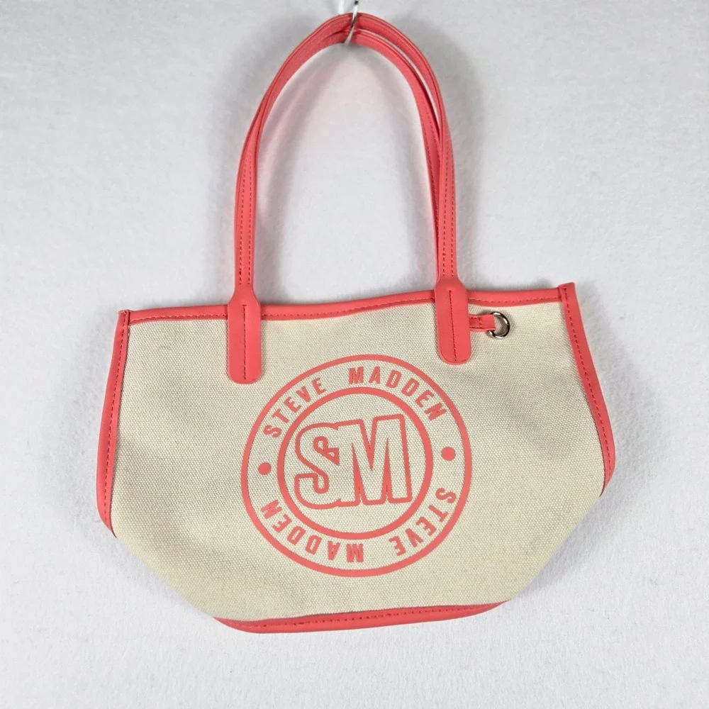 Steve Madden Canvas Tote Bag Womens Small Cream Pink Logo Casual (S10)